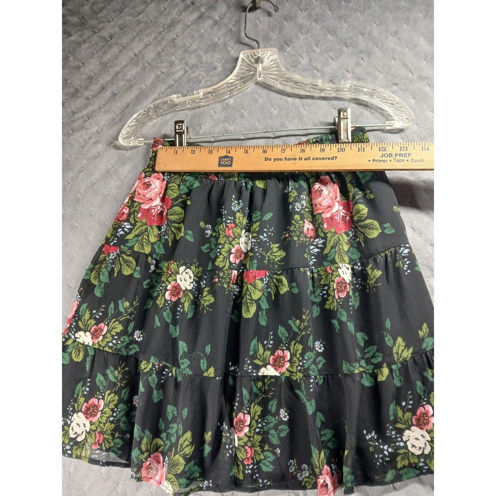 LOFT Petites Black Floral Tiered Mini Skirt XXSP Smocked Waist Ruffle Rose NWT